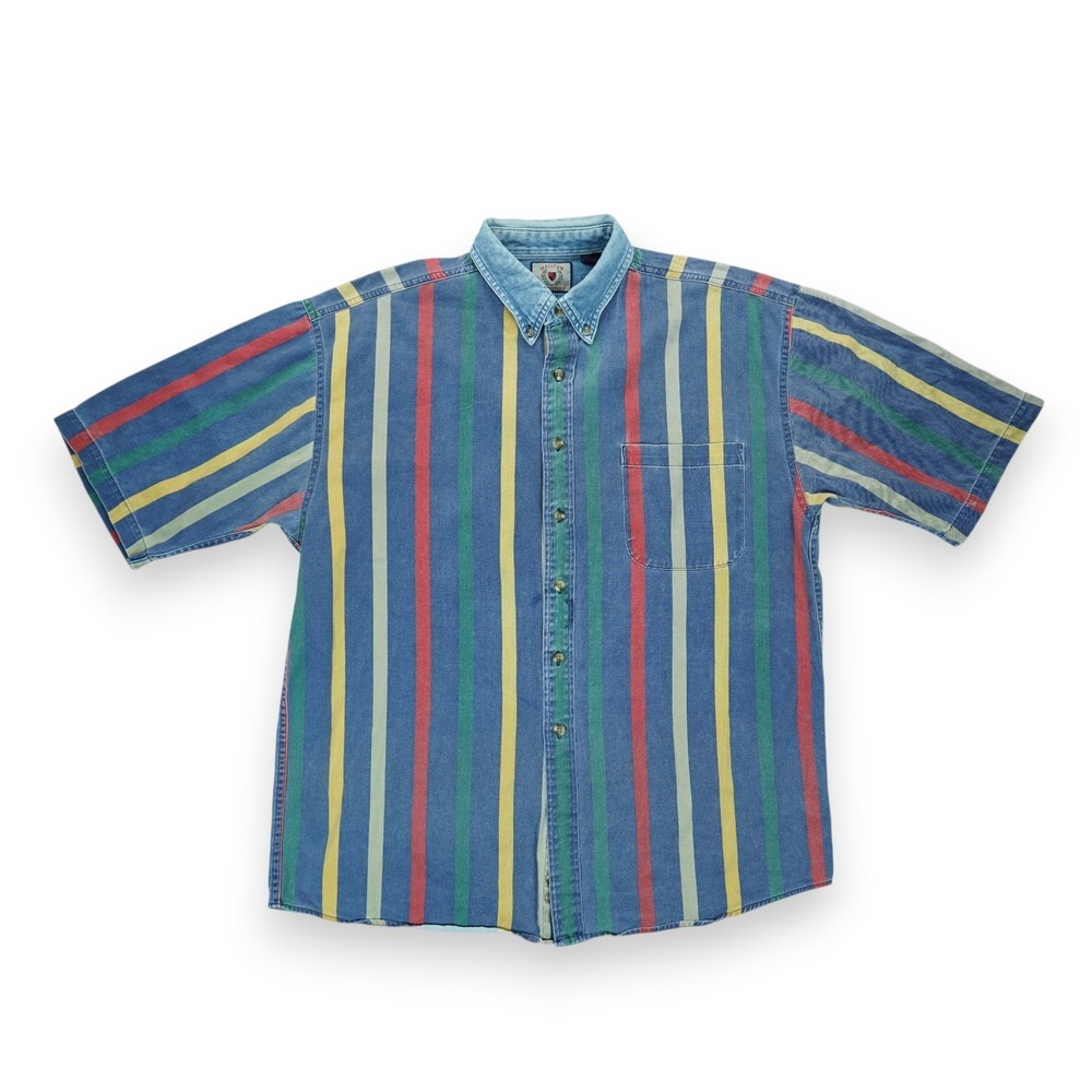 Vintage Halifax Shirt Men Large Striped Denim Y2K Collared ~ Short Sleeve